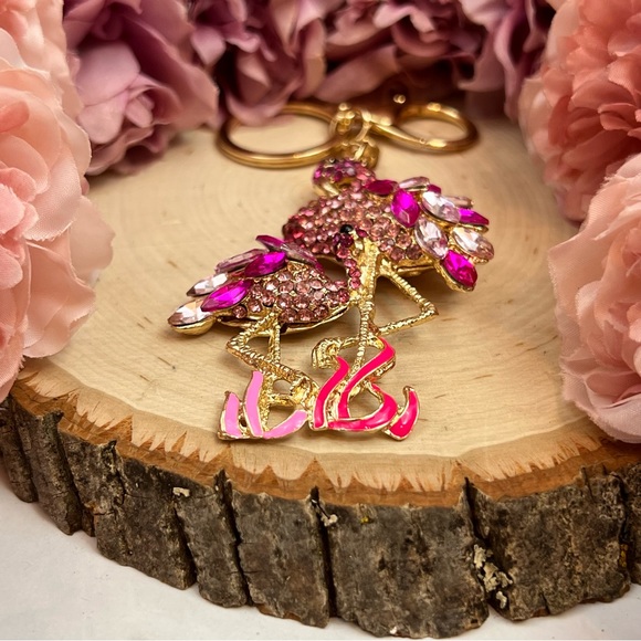 Whimsical Mother Baby Pink Crystal Flamingo Keychain Charm - Picture 13 of 16